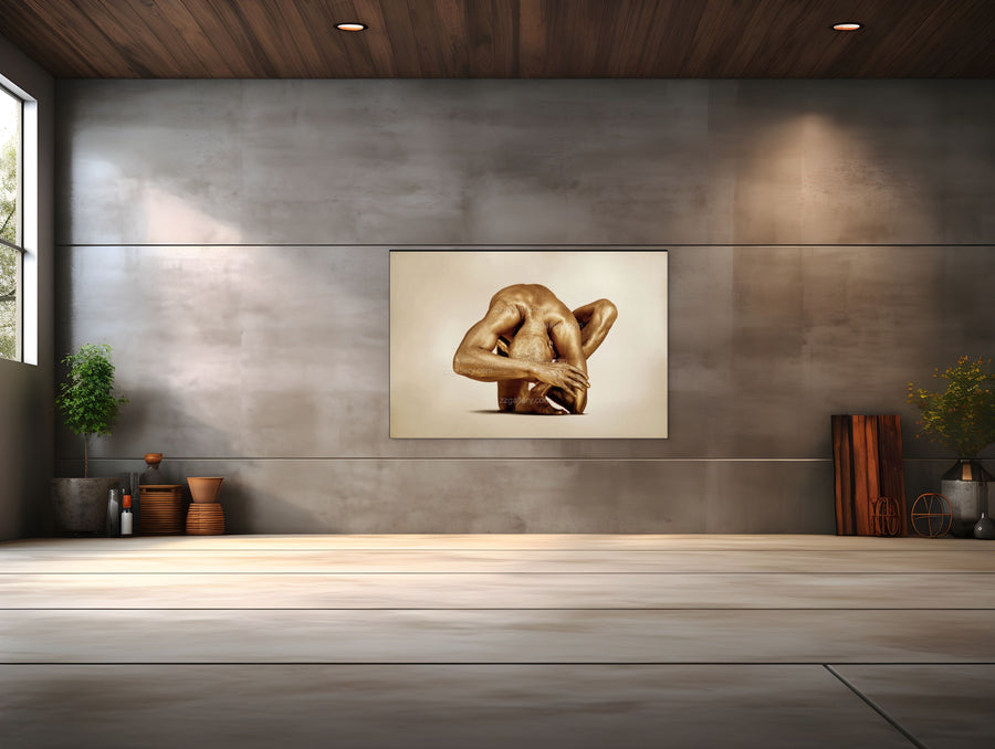 Fine art photography by Zack Zublena, showing a golden-painted body in a deep bowing yoga pose, arms folded gracefully, conveying balance, grace, and strength in a contemporary figure study.