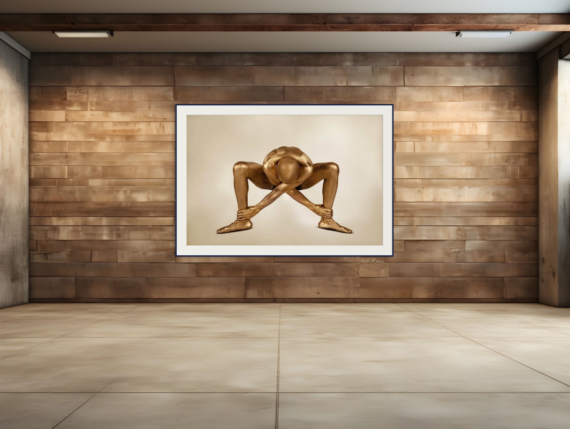 Golden-painted figure in a deep squat pose, arms crossing and gripping ankles, representing strength, meditation, and edgy conceptual fine art photography.