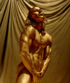 Nude male body painted in gold, eyes closed and head tilted upward in golden spiritual light