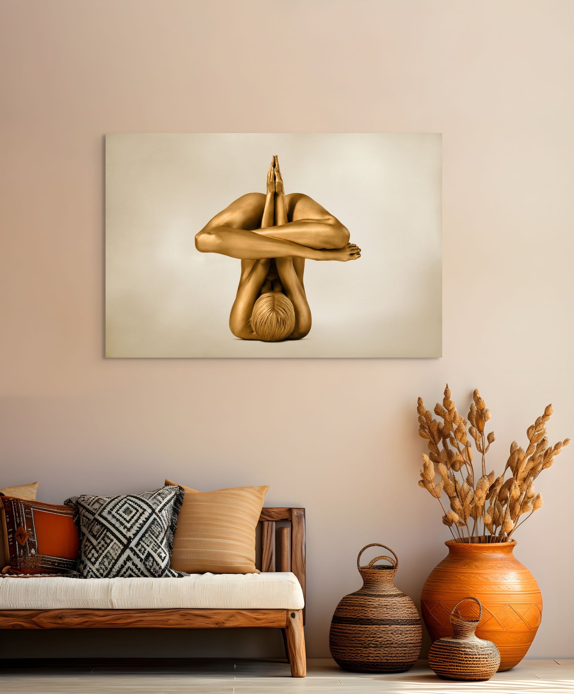Golden-painted figure in a rocket-like yoga pose with legs crossed upward and hands pressed together, fine art photography by Zack Zublena symbolizing ascension, focus, and divine alignment.