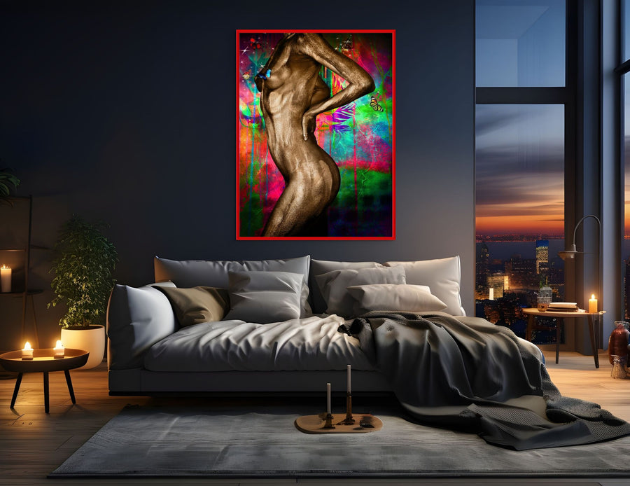 Golden-painted female artwork with butterflies and vibrant colorful background, displayed above a modern bed in a luxury bedroom with city skyline views.