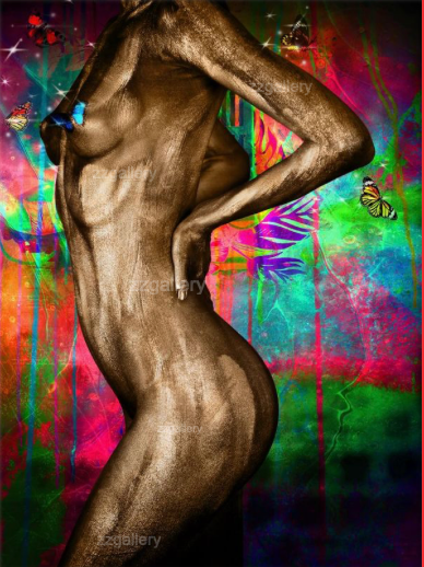 Golden-painted female artwork with butterflies and vibrant colorful background, displayed above a modern bed in a luxury bedroom with city skyline views.