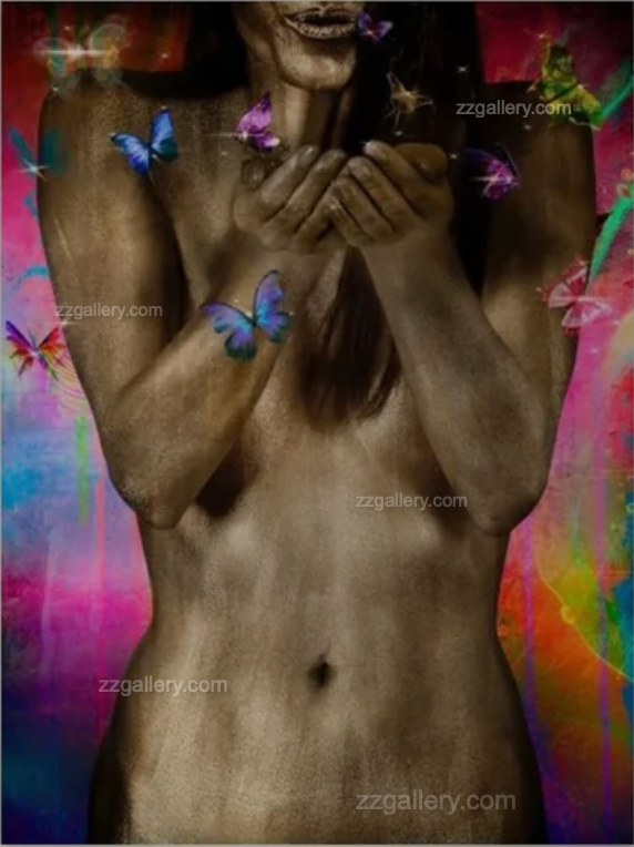 Golden-painted figure with vibrant butterflies on a colorful abstract background, contemporary fine art photography print for luxury interiors.