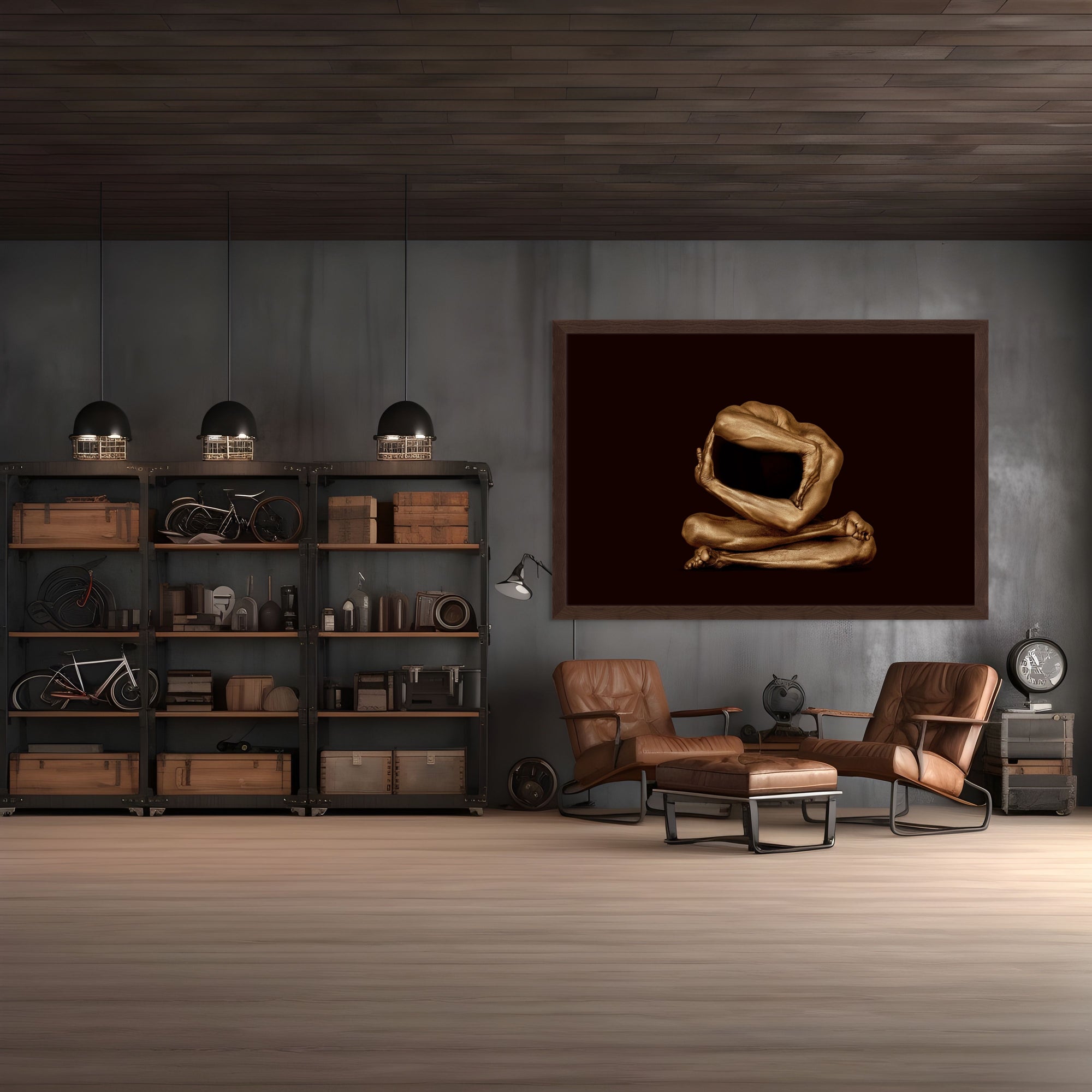 Golden-painted nude body art in an abstract butterfly-inspired form against a deep black background. Conceptual fine art photograph by Zack Zublena from the Vacuum State collection, symbolizing meditation, ego dissolution, and contemporary spiritual wall décor.