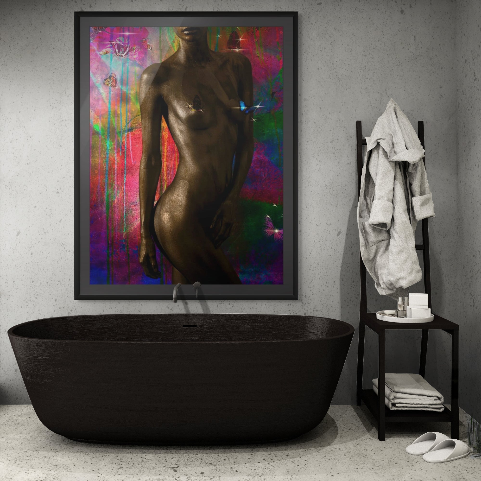 Golden-painted silhouette with butterflies and vibrant colors, showcased as contemporary fine art with butterflies and vibrant colors.