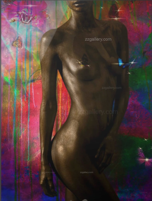 Colorful abstract fine art print featuring a golden-painted silhouette with butterfly accents on a vibrant multicolor background.