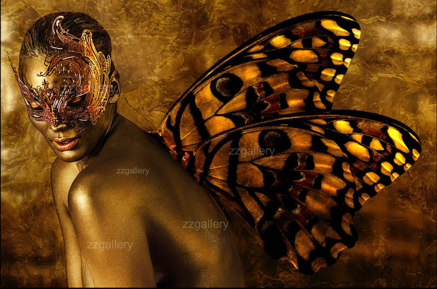 Framed surreal wall art of a gold-painted figure with butterfly wings and ornate mask, displayed on a golden wall above a modern dining table.
