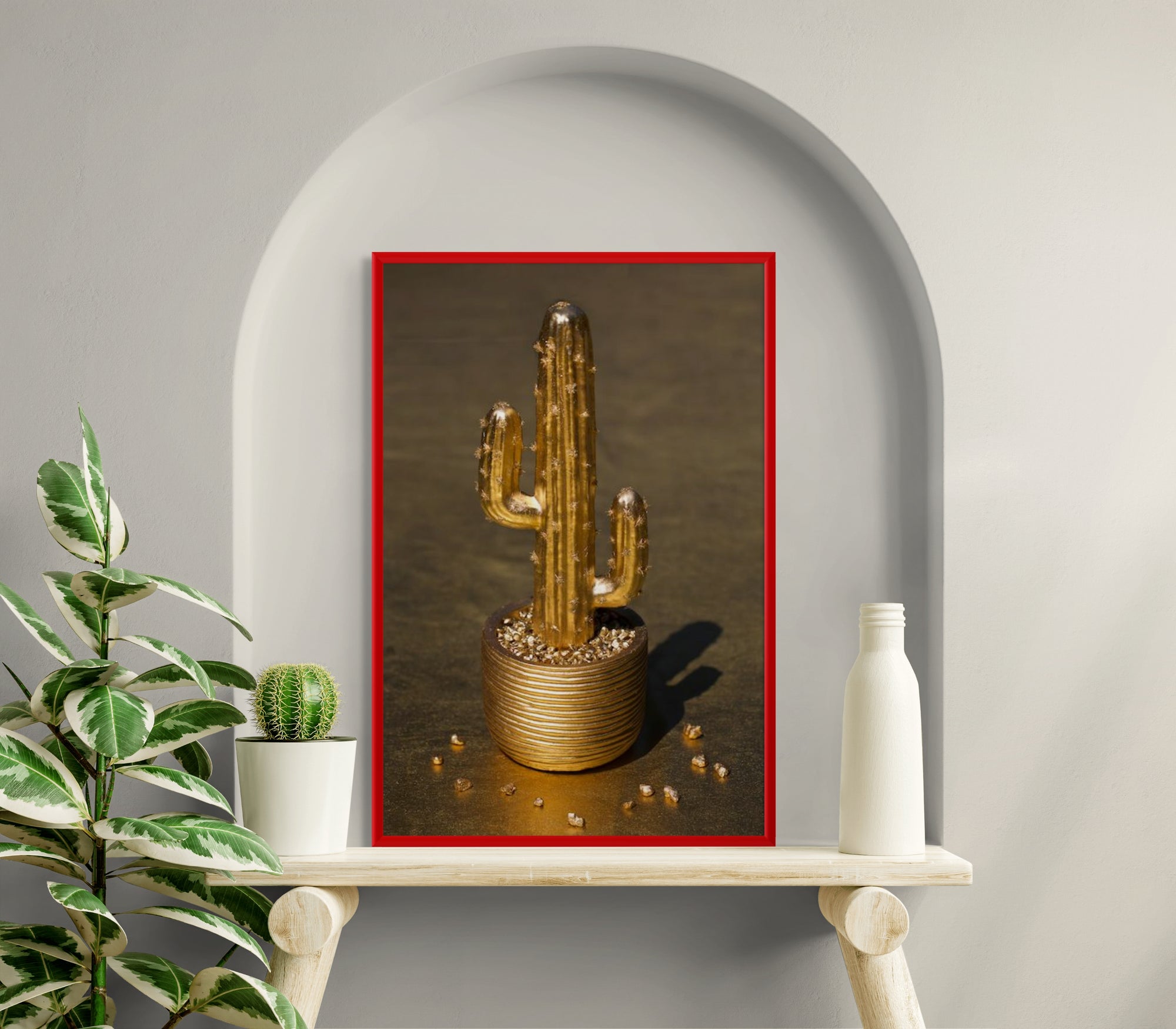 Luxury golden cactus fine art photography in shimmering pot – modern wall decor for kitchens, living rooms, or restaurants.