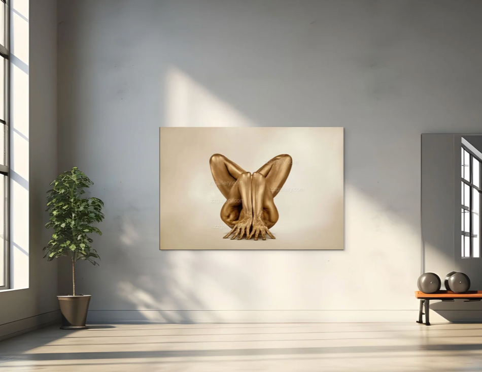 Golden yogi in sculptural yoga pose with legs crossed and hands grounded, fine art photography for luxury interior wall decor.