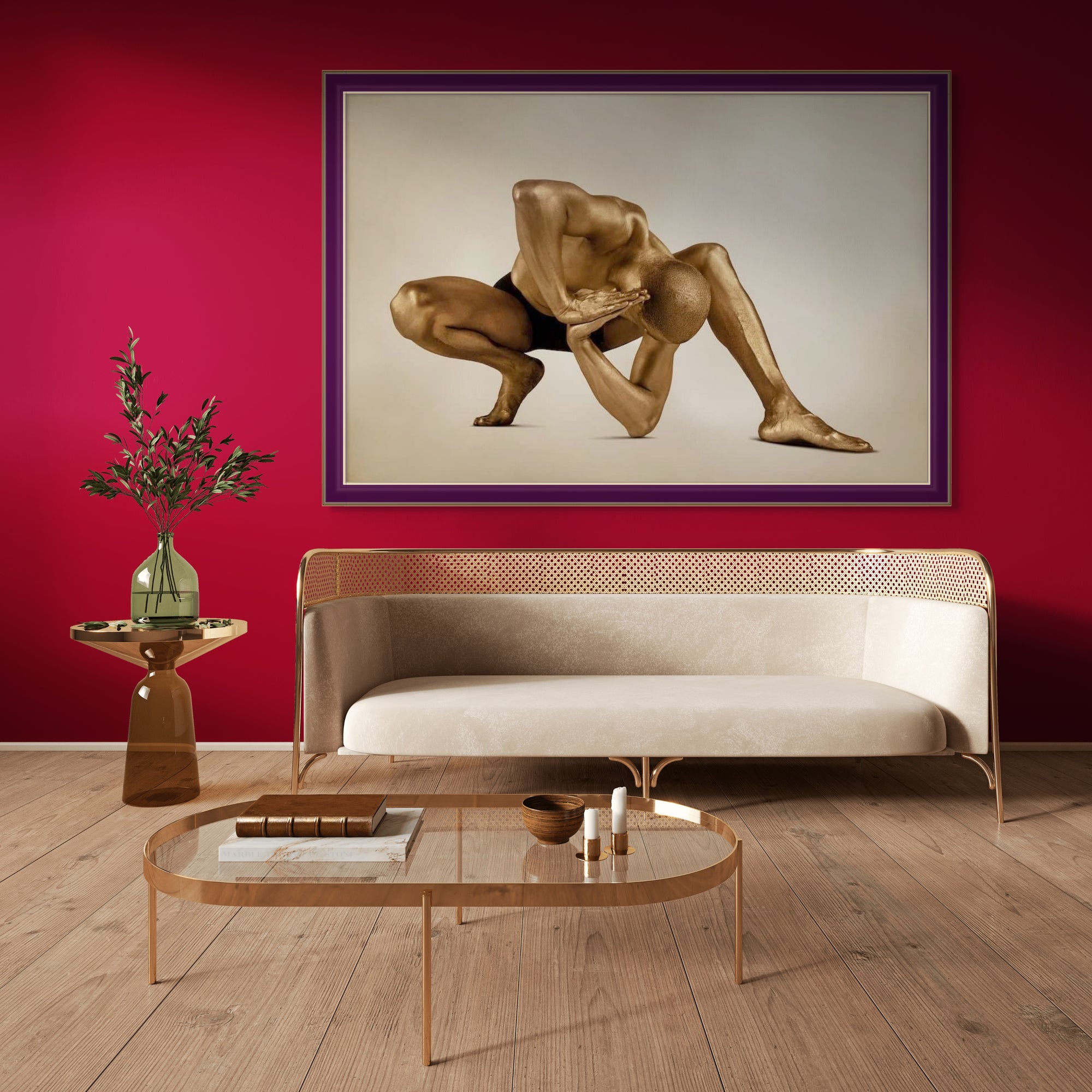 Golden-painted male figure in a deep crouching yoga pose, conceptual fine art photograph symbolizing strength, surrender, and quantum field balance — luxury wall art.