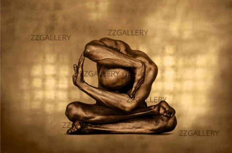 Golden nude male in a folded geometric seated pose, expressing sacred containment, inner stillness, and spiritual strength