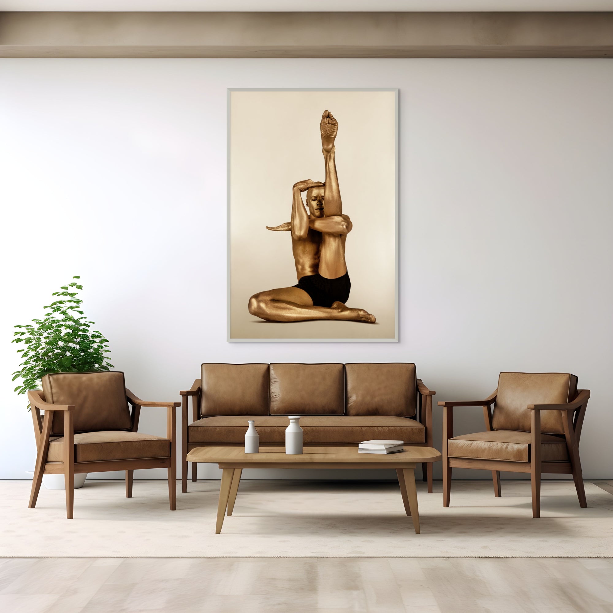Golden-painted male figure in a contemporary yoga stretch pose, conceptual fine art photography by Zack Zublena, luxury wall art for modern interiors.