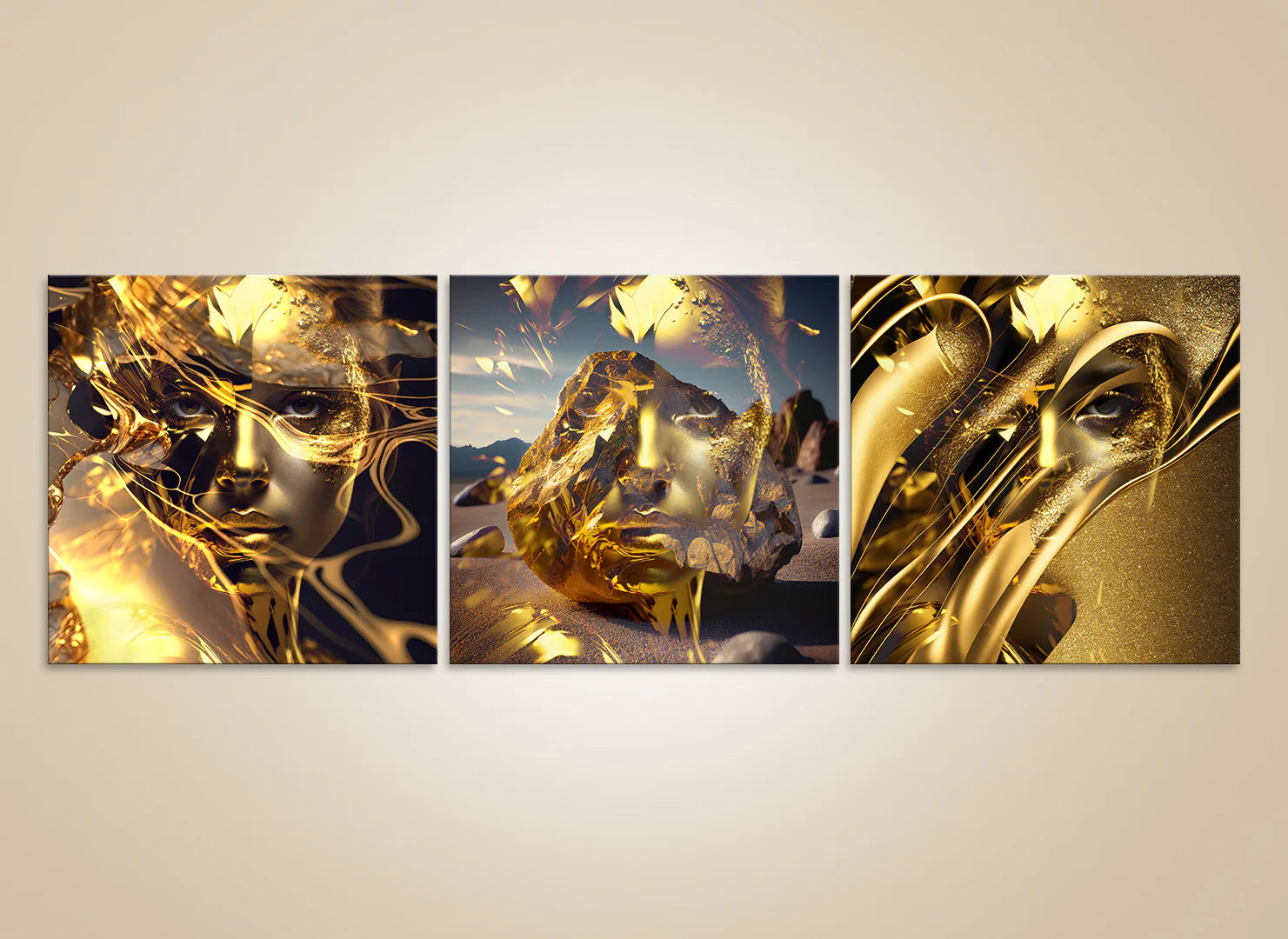 Golden cosmic faces triptych wall art – surreal fine art photography with gold textures, abstract portraiture, and luxury cosmic design.