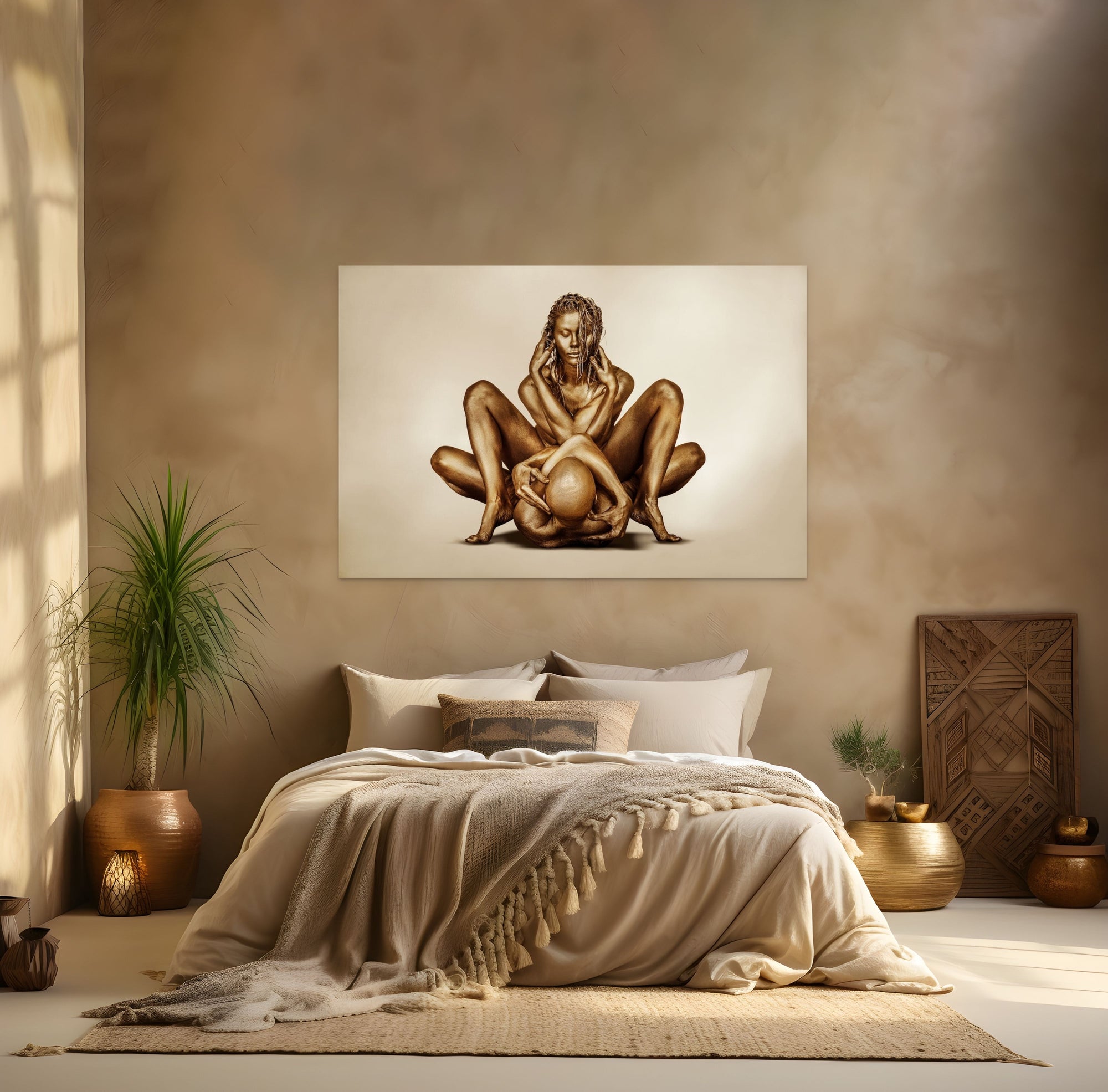 Golden-painted couple in an artistic embrace, the female figure sitting with closed eyes while holding the male figure beneath her, captured in radiant fine art photography.