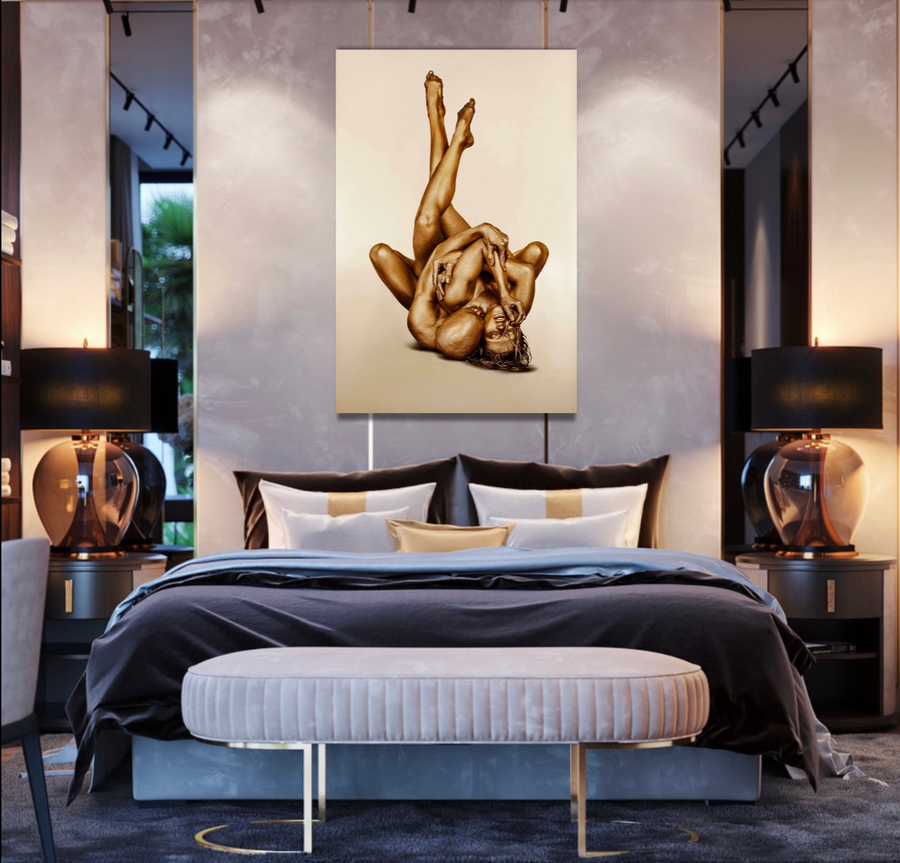 Elegant lounge with golden couple fine art wall decor, contemporary photography for luxury hotels and modern interiors.
