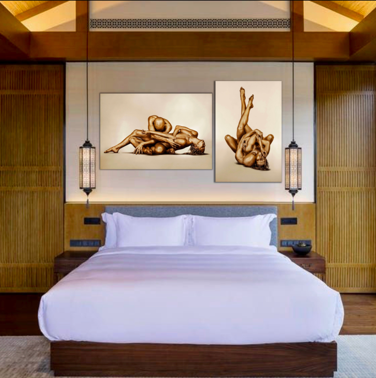 Diptych of two golden-painted figures posed in sculptural harmony, fine art photography for luxury interiors, galleries, and romantic spaces.