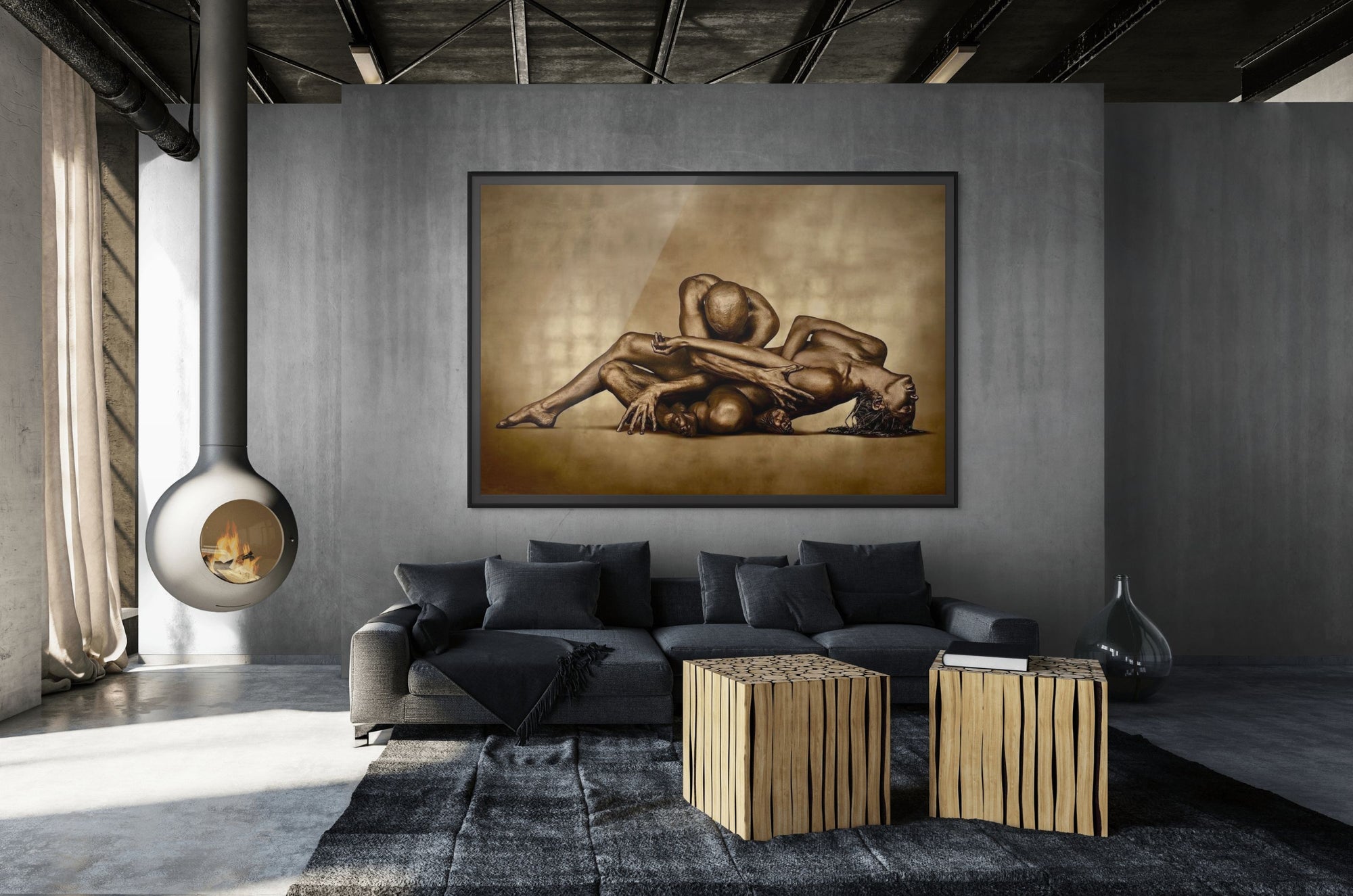 Golden-painted couple in a dramatic reclining yoga-inspired embrace, displayed as fine art wall photography above a modern sofa, ideal for luxury interiors and collectors.