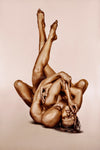 Golden-painted couple in sculptural yoga-inspired pose, contemporary fine art photography for modern interiors and luxury wall decor.