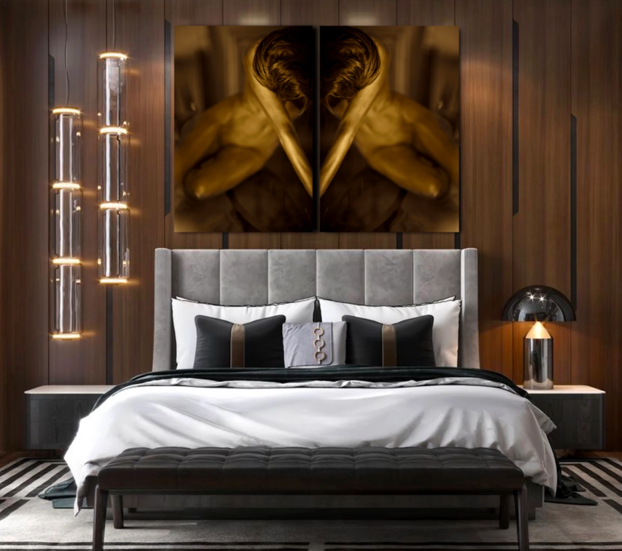 Golden female diptych with flowing hair, luxury fine art wall photography, Saatchi-style, Singulart-style, Artsy, 1stDibs, Etsy collectible art.