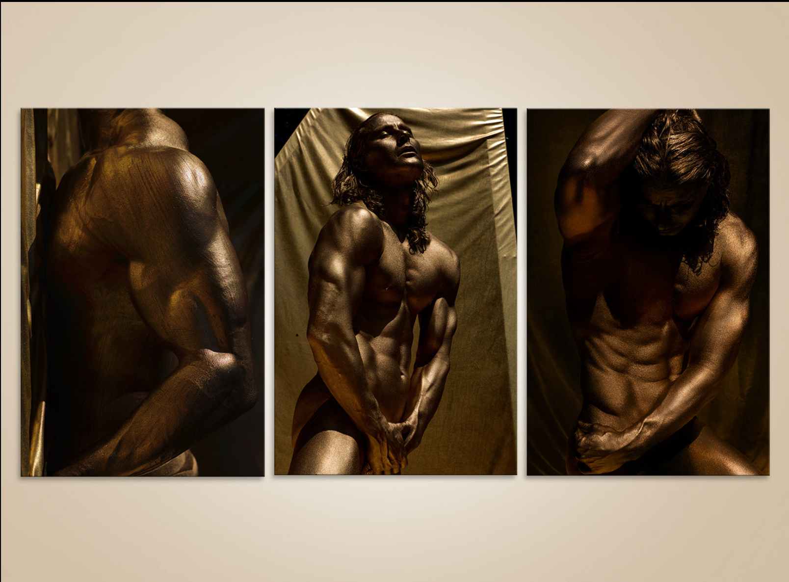 Golden Divine Masculine Triptych – luxury fine art photography in gold by Zack Zublena, celebrating strength, inclusivity, and spiritual beauty.