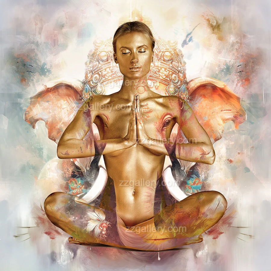 Golden-painted yoga goddess in prayer, merged with Ganesha aura – spiritual wall art
