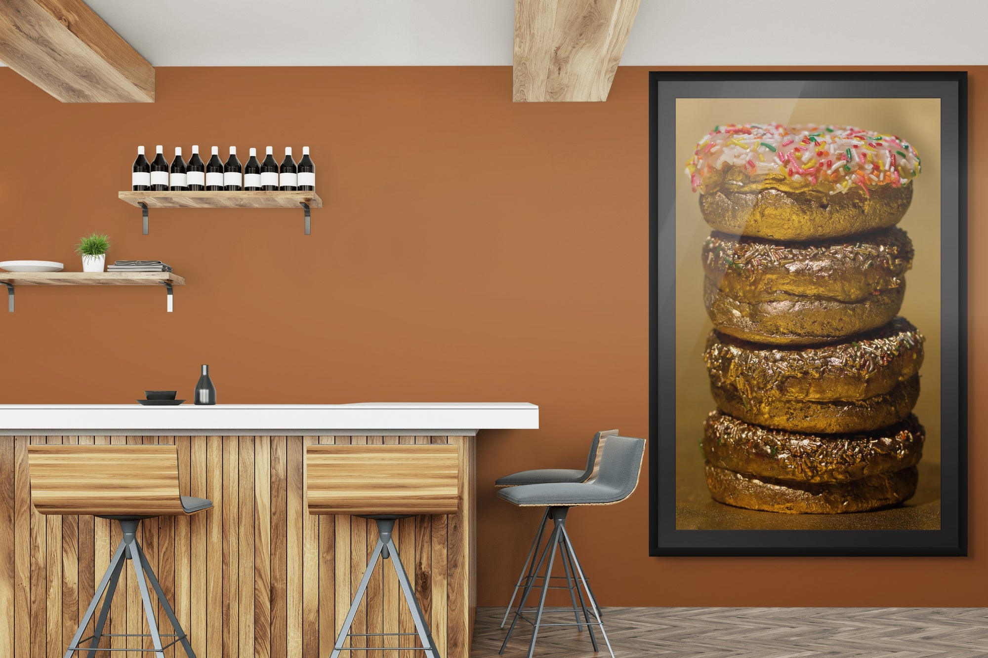 Golden donuts stack fine art photograph with sprinkles, luxury dessert wall art for kitchens, cafés, restaurants, and modern interiors.