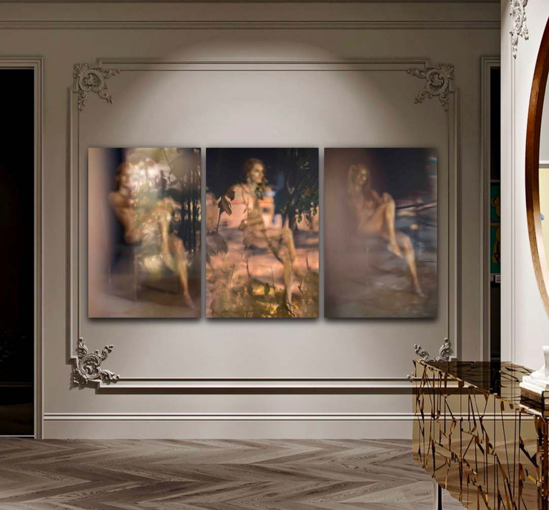Golden dreamscape blurred triptych featuring golden-painted figures in abstract backyard-inspired settings, luxury fine art wall photography for hotels, spas, and modern interiors.
