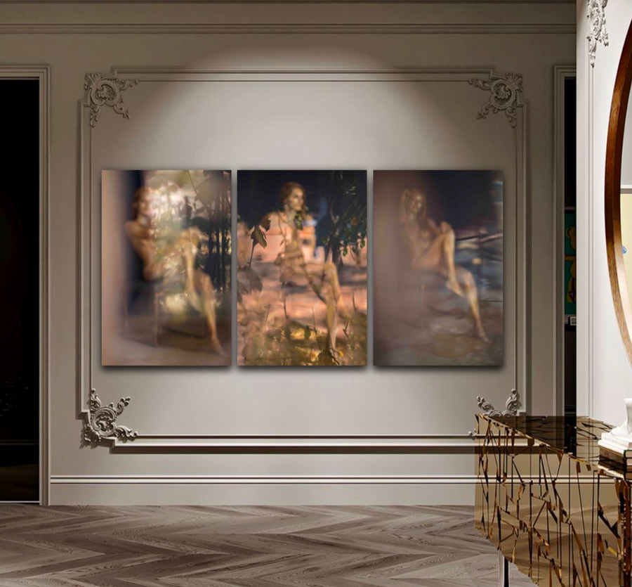 Golden dreamscape blurred triptych featuring golden-painted figures in abstract backyard-inspired settings, luxury fine art wall photography for hotels, spas, and modern interiors.