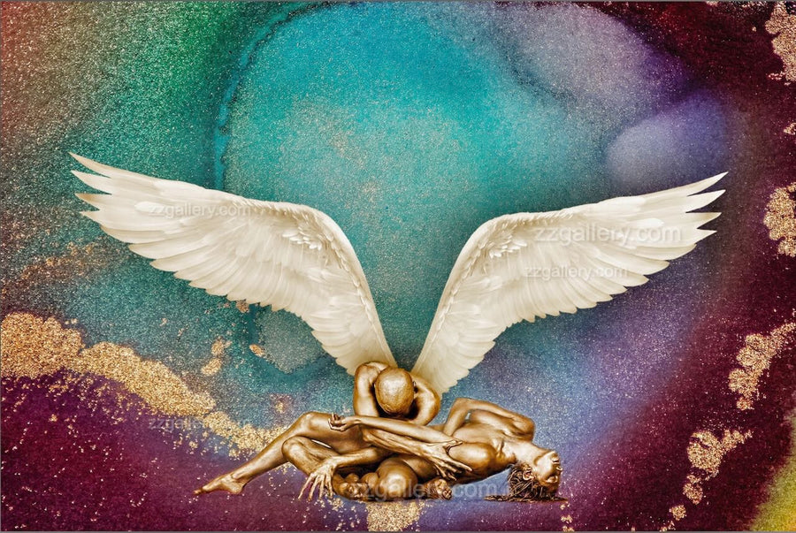 Golden-painted figures with white wings on a colorful cosmic background, fine art wall decor designed for luxury interiors, hotels, wellness spaces, and galleries.