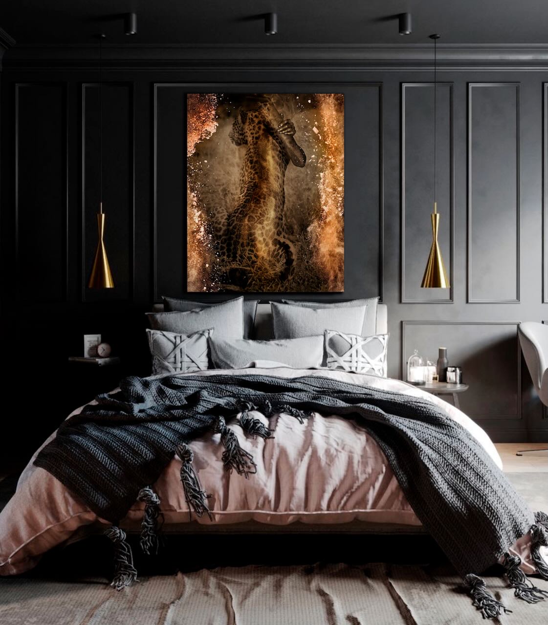 Golden Embrace with Leopard by Zack Zublena, fine art photograph featuring a golden-painted figure intertwined with a leopard, displayed above a modern bed in a dark elegant bedroom interior.
