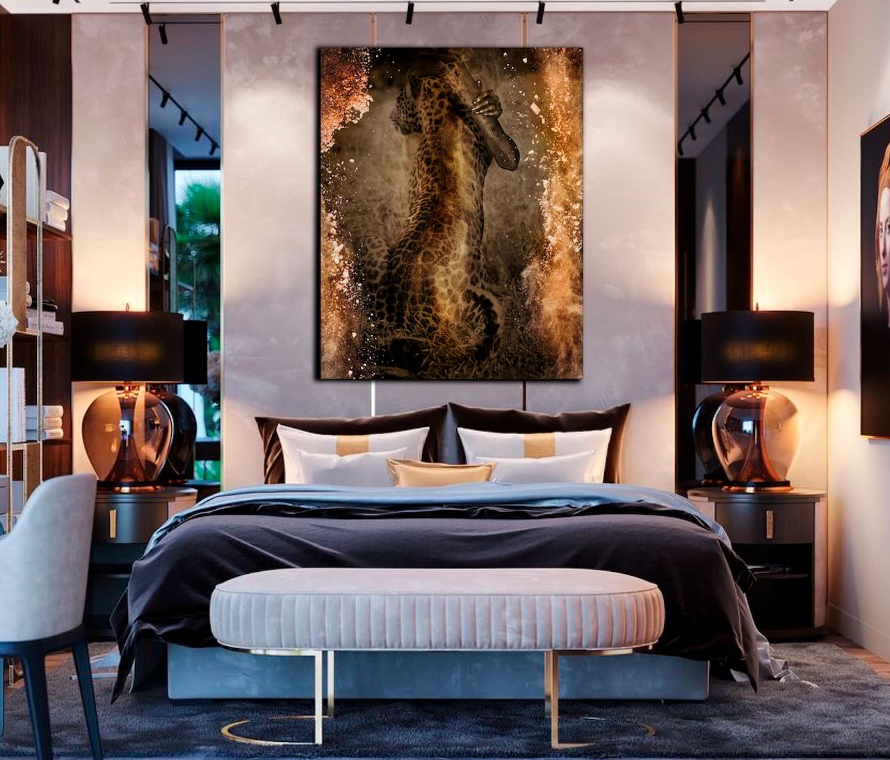 Golden Embrace with Leopard by Zack Zublena, fine art photograph featuring a golden-painted figure entwined with a leopard, displayed as statement wall art above a modern luxury bed with ambient lighting.