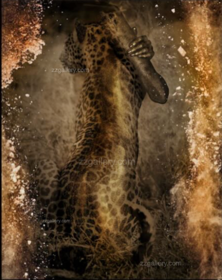Golden Embrace with Leopard by Zack Zublena, fine art wall photograph featuring a golden-painted figure merging with a leopard, displayed in a contemporary home interior with natural light and elegant design.