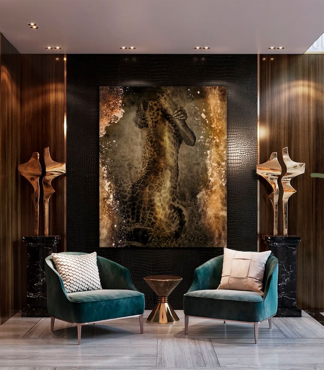 Golden Embrace with Leopard by Zack Zublena, a striking fine art photograph of a golden-painted figure merging with a leopard, symbolizing strength, instinct, and elegance, displayed as luxury wall decor in a modern interior.