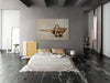 Golden entwined female nudes in acrobatic yoga pose by Zack Zublena, contemporary fine art photography, luxury gold-painted body wall art symbolizing connection, balance, and sacred feminine energy.
