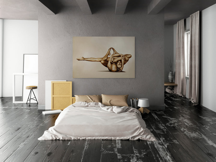 Golden entwined female nudes in acrobatic yoga-inspired pose by Zack Zublena, contemporary fine art photography, luxury gold-painted body wall art symbolizing unity, balance, and sacred feminine energy.