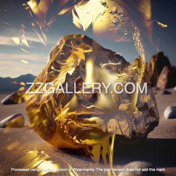 Golden surreal face embedded in desert stone – spiritual AI fine art