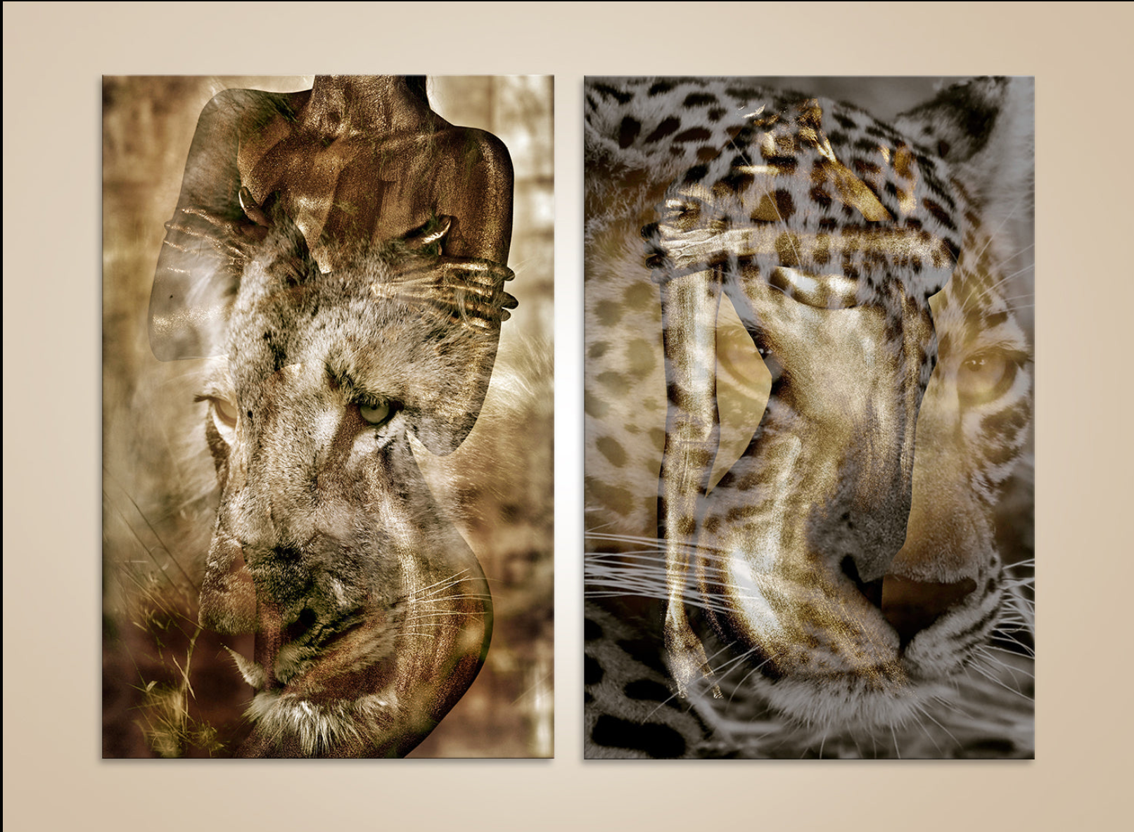 Golden feline spirit diptych wall art – luxury fine art photography with lion and leopard fusion