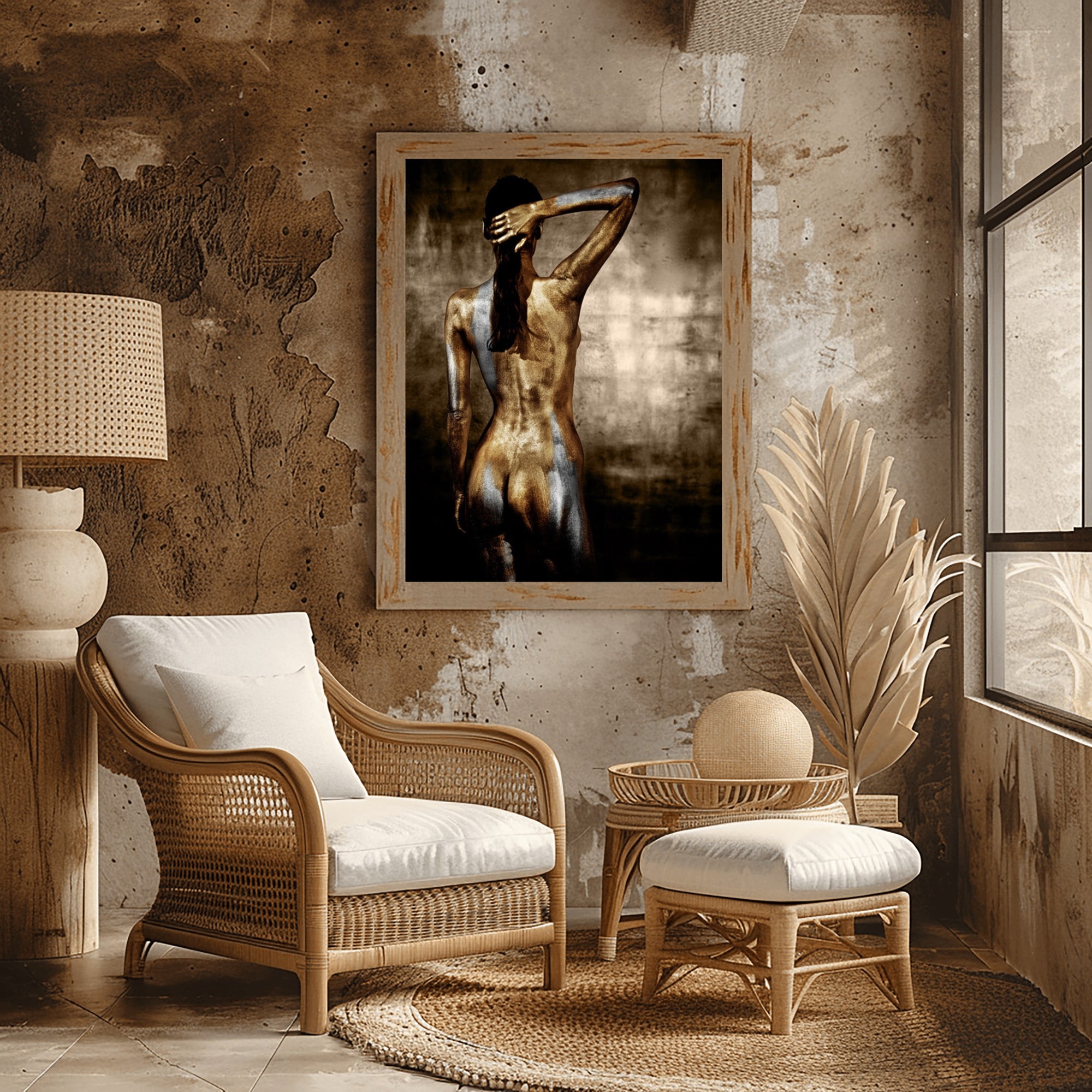 Golden-painted female figure fine art photograph displayed in a rustic bohemian living room with wicker armchair and earthy tones.