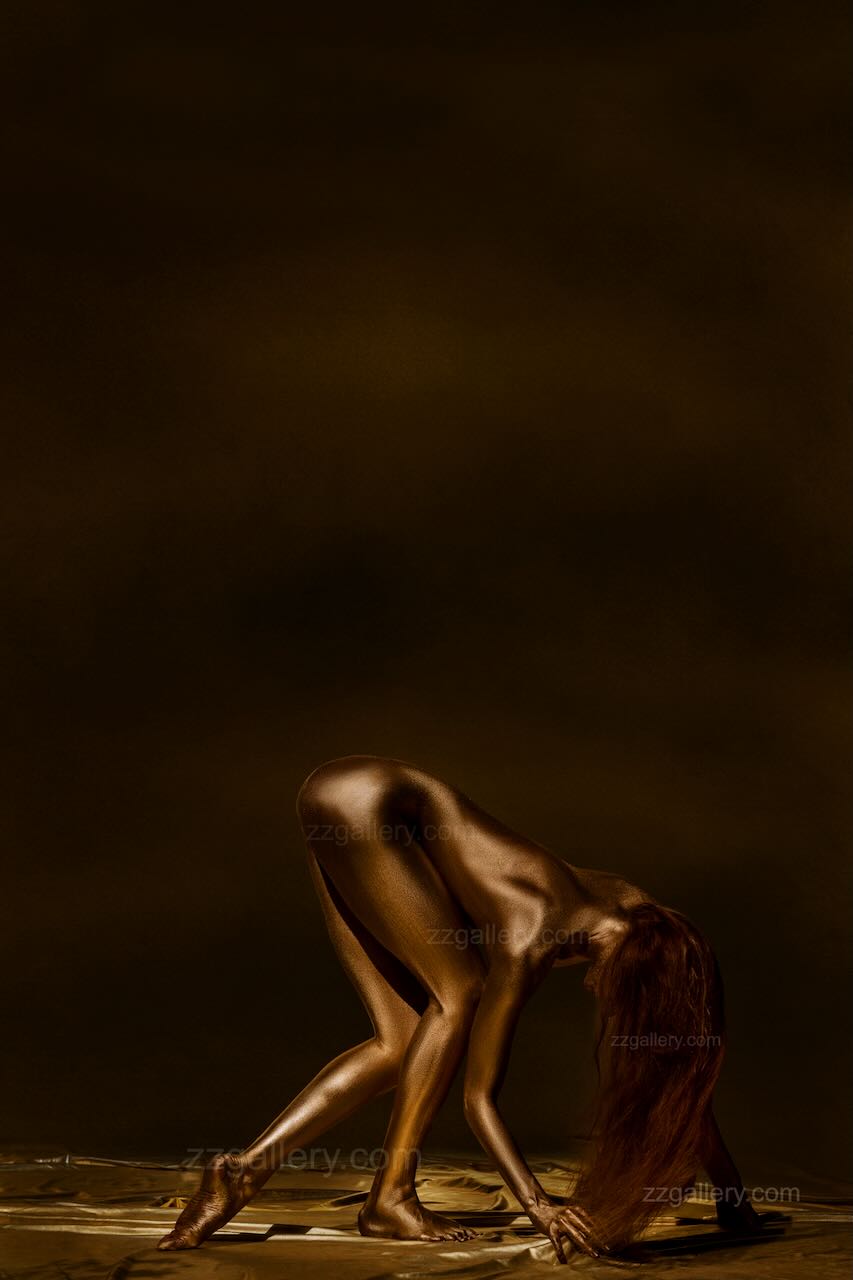 Golden-painted female figure with flowing red hair, elegant fine art wall decor for boutique hotels, wellness spaces, luxury interiors, and collectors.