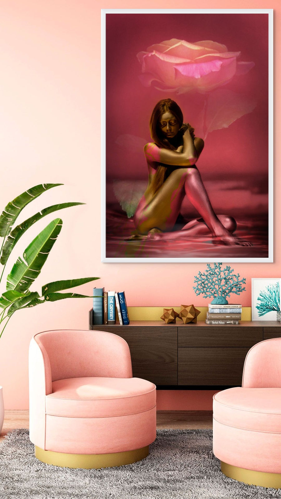 Golden-painted feminine figure seated beneath a luminous pink rose, symbolizing love, rebirth, and divine energy in surreal fine art photography. Perfect luxury wall art for bedrooms, spas, and wellness spaces.
