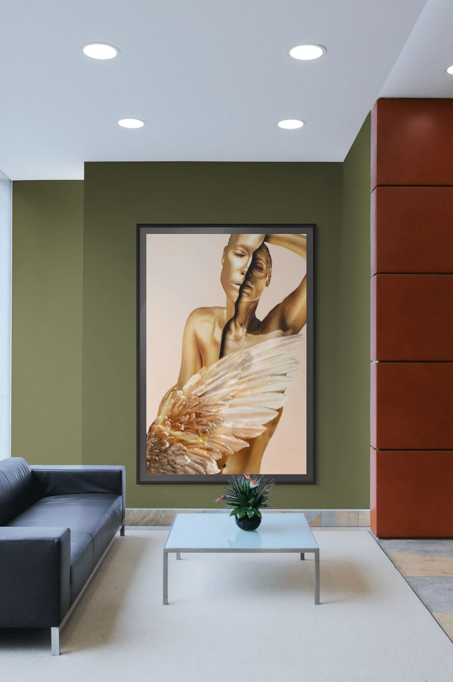 Golden angel wall art – fine art photography showcasing a sculptural figure in shimmering gold, blending with soft floral elements. Perfect luxury décor for modern interiors, yoga studios, spas, and tranquil design spaces.