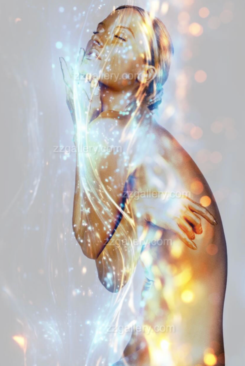 female figure surrounded by glowing light and cosmic energy – fine art photography by Zack Zublena, feminine wall art