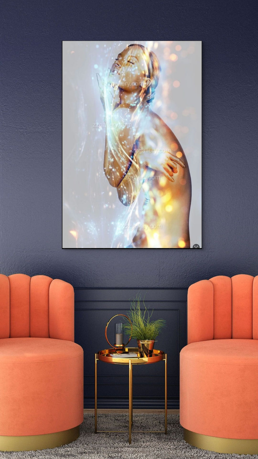 Golden female figure illuminated with streams of light by Zack Zublena, contemporary fine art photography, luxury wall art for modern interiors.