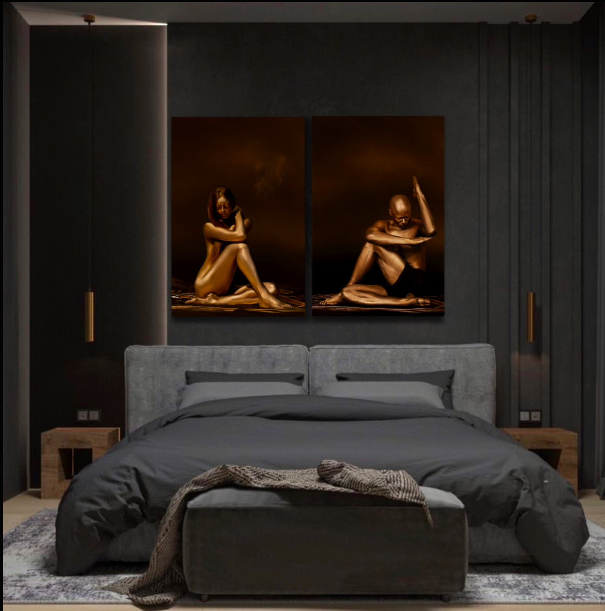 Golden silhouettes of a female and male yoga diptych artwork displayed above a luxury wooden bed in a serene resort-style bedroom.