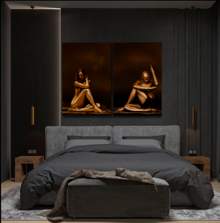 Golden silhouettes of a female and male yoga diptych artwork displayed above a luxury wooden bed in a serene resort-style bedroom.