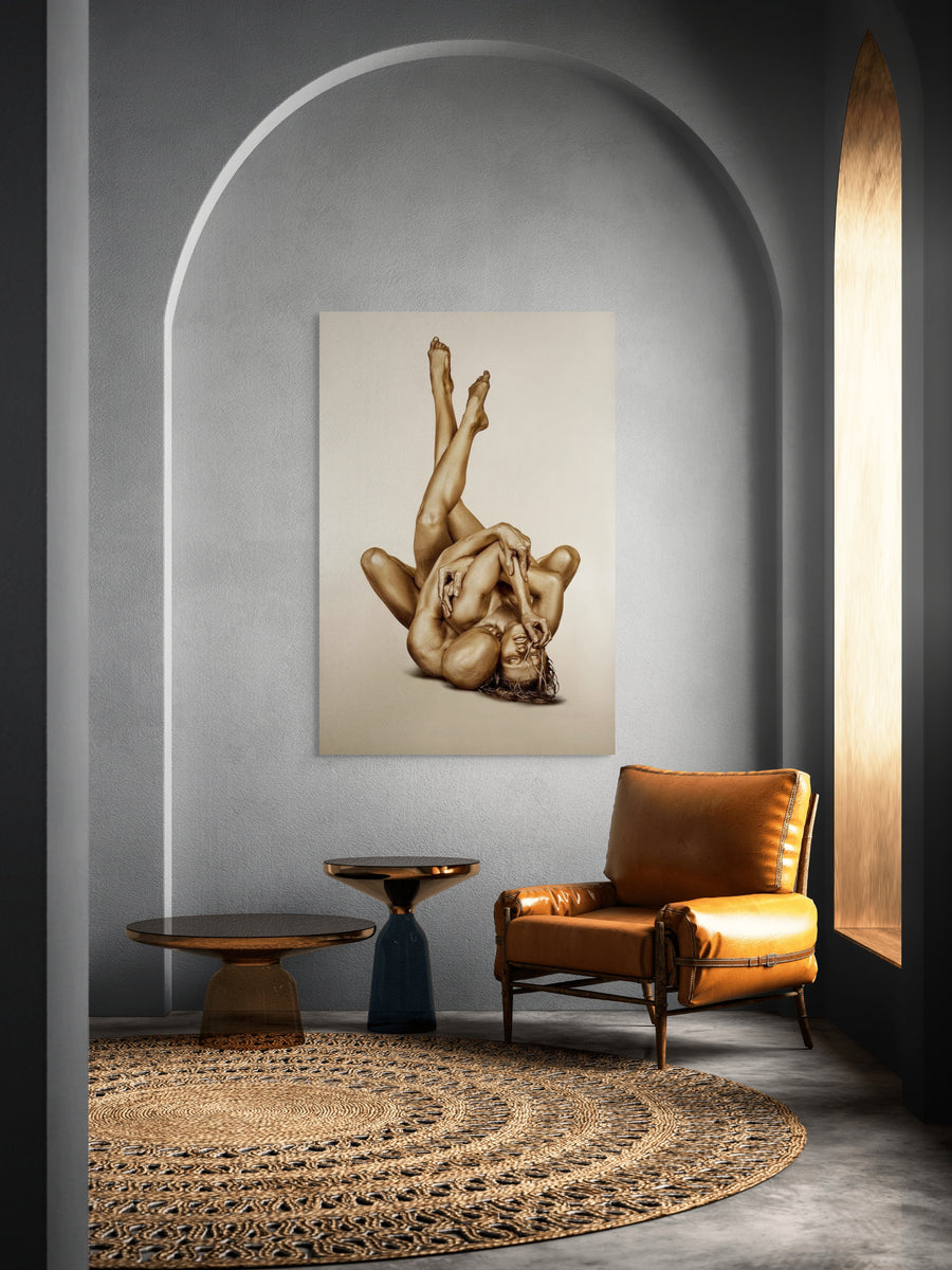 Elegant lounge with golden couple fine art wall decor, contemporary sacred photography for luxury hotels and modern interiors.