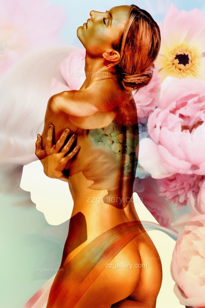 Golden-painted nude woman in an artistic floral composition, embodying sensuality, elegance, and transformation with soft pink blossoms in the background.