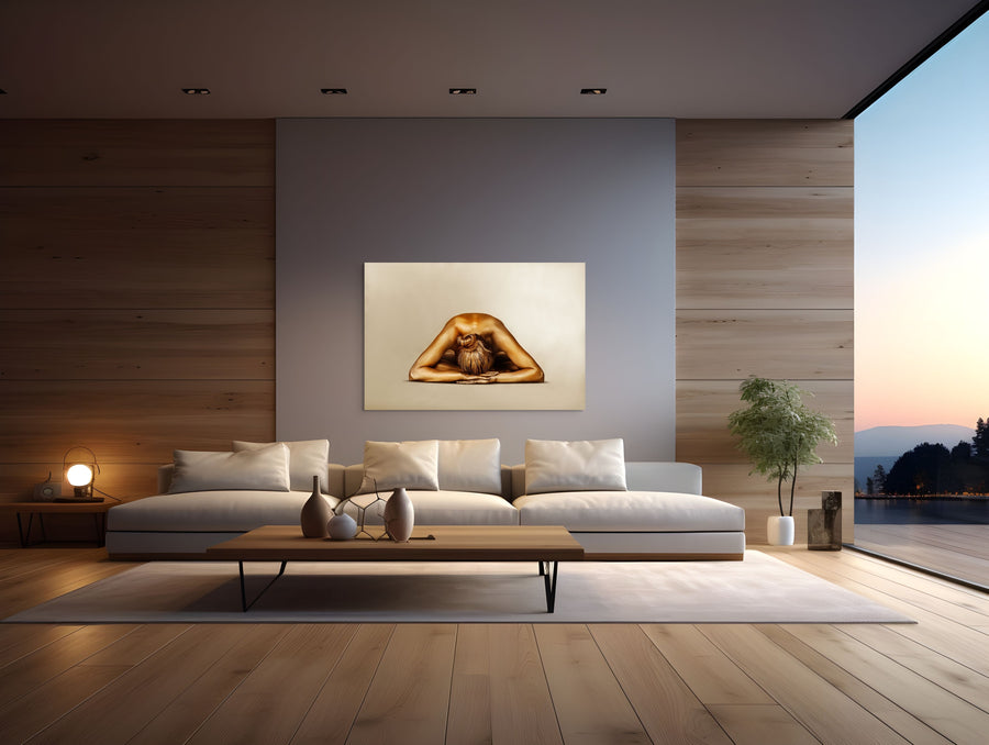 Golden-painted female nude in serene resting pose by Zack Zublena, contemporary fine art photography, luxury minimalist wall art symbolizing peace, surrender, and sacred feminine stillness.