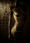 Gold-painted nude female figure in shadows with visible breasts, artistic fine art photograph exploring light, form, and sacred sensuality