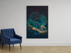 Golden female nude surrounded by blue roses by Zack Zublena, contemporary fine art photography, luxury surreal gold-painted body wall art blending nature, femininity, and mysticism.